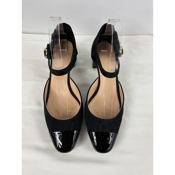 J Crew Millie Ankle Strap Heels Black Leather Moire 9 Block Heel - Picture 3 of 12